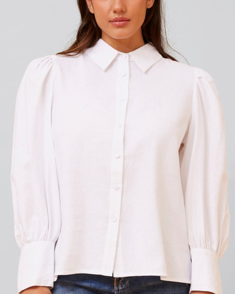 Front of a model wearing a size 3X Maxine Shirt Fitted Long Puffy Sleeves Solid in White by ANNICK. | dia_product_style_image_id:352529